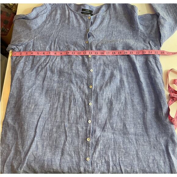 TAHARI 2X Blue 100% Linen Roll Tab Sleeve MOP Button Flowy Tunic Top Blouse - Picture 4 of 6
